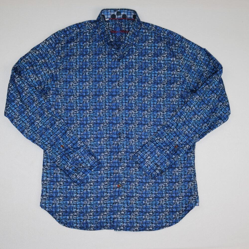 Luchiano Visconti Mens Medium Blue Geometric Mosaic Print Button Up Shirt LS M